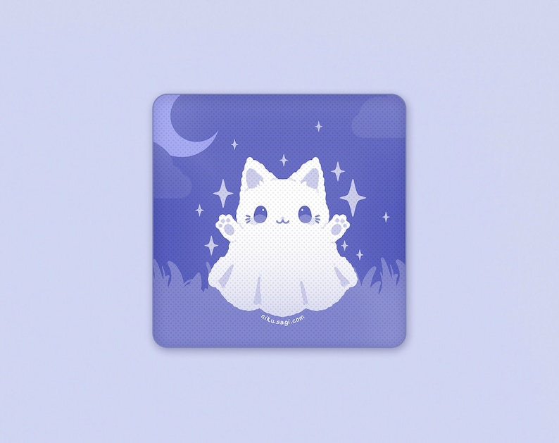 May include: A white ghost cat with blue eyes and a pink nose floats in the air against a purple night sky with a crescent moon and stars. The text "riku.sagi.com" is at the bottom of the image.