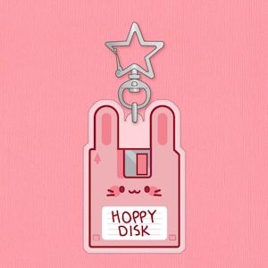 May include: A pink floppy disk keychain with a bunny face and the text "HOPPY DISK". The keychain has a silver star-shaped clip.