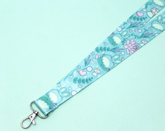 Cute Frog Bunny Breakaway Lanyard | 36” | Kawaii botanical key holder, Floral ID badge holder, Cottagecore accessory, Forestcore aesthetic