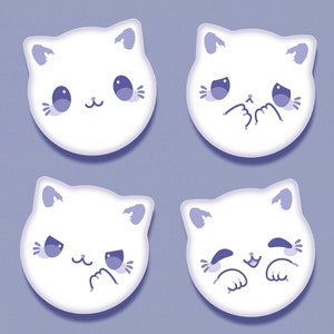 May include: Four white cartoon cat faces with different expressions. The cat faces are on a light purple background.