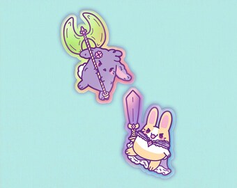 Holographic Medieval Knight and Warrior Bunny Acrylic Pin Set | Rainbow badge, Cute brooch, Rabbit jewelry, Fantasy art, Ita bag accessory