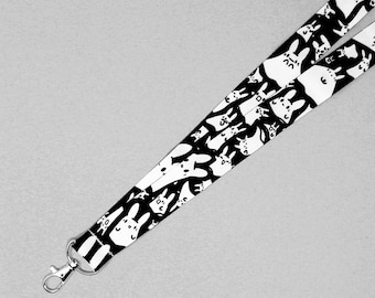 Ghost Bunny Lanyard | 36” | Creepy cute key holder, Emo ID badge clasp, Goth accessories, Witchy art, Monochrome back to school supplies