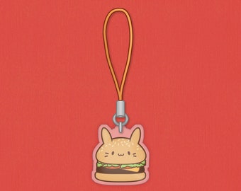 Hamburger Bunny Acrylic Charm | 1” | Phone accessory, Anime keychain, Cute food ornament, Y2K jewelry, Chef gift, Rabbit art, Zipper pull