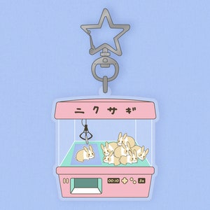 Pink Crane Game Shaker Charm Keychain | 2.5” + 0.5" 2-Sided Clear Acrylic Charms | Kawaii bunny, Pastel UFO catcher, Cute anime rabbit charm