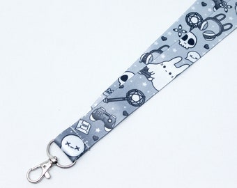 Gamer Ghost Bunny Lanyard | 36” | Creepy cute key holder, Emo ID badge holder, Gaming accessories, Video game art, Back to school supplies