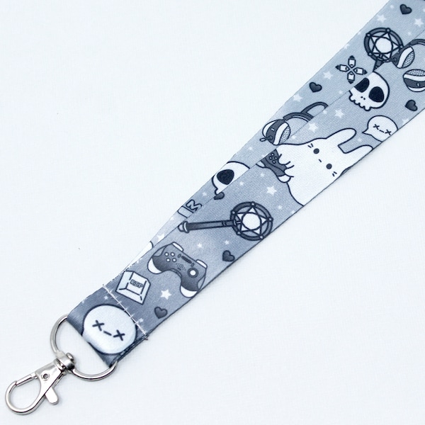 Gamer Ghost Bunny Lanyard | 36” | Creepy cute key holder, Emo ID badge holder, Gaming accessories, Video game art, Back to school supplies