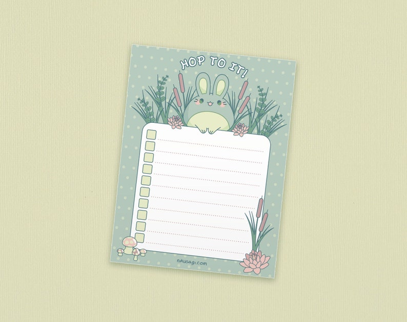 Frog Bunny Checklist Memo Pad 4 x 5.5 Cute daily things to do list, Mushroomcore note pad, Kawaii goal tracker, Cottagecore stationery image 1