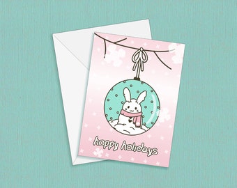 Holiday Spirit Greeting Card & Envelope | A6: Measures 4.1” x 5.8” | Aesthetic bunny stationery, Winter snow globe artwork, Christmas gift