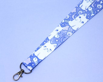 Creepy Cute Ghost Cat Lanyard for Keys | 36” | Silver Lobster Clasp | Yami kawaii kitty ID badge holder, Kidcore vibes, Neko accessories