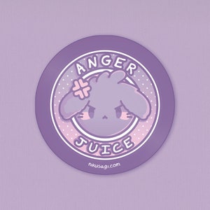 May include: Purple round sticker with a white outline and white polka dots. The sticker features a cartoon bunny with a pink flower on its head and the text "ANGER JUICE" in white letters. The text "nikusagi.com" is printed in white at the bottom of the sticker.