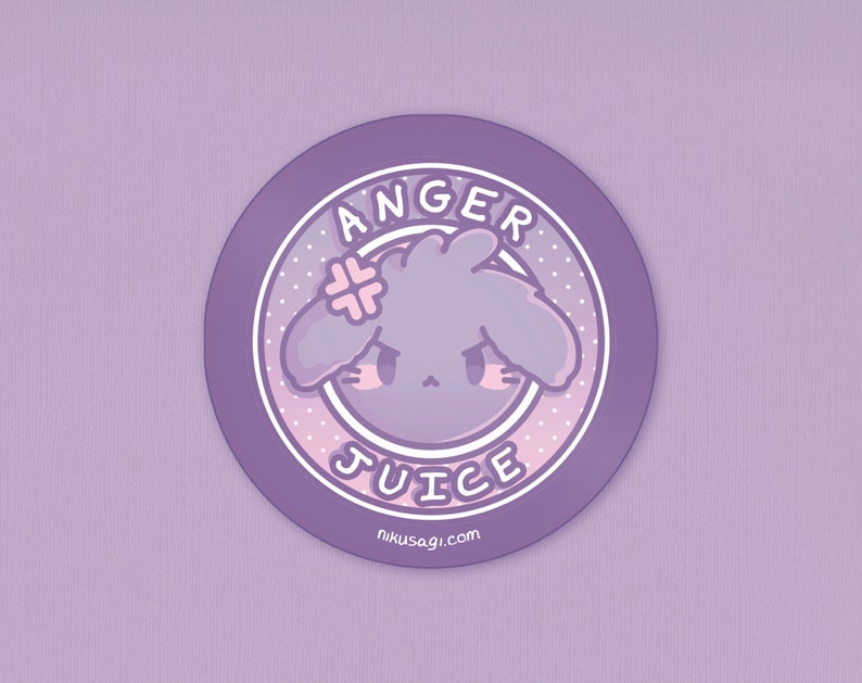 May include: Purple round sticker with a white outline and white polka dots. The sticker features a cartoon bunny with a pink flower on its head and the text "ANGER JUICE" in white letters. The text "nikusagi.com" is printed in white at the bottom of the sticker.