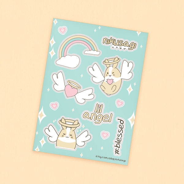 Angel Bunny Sticker Sheet | 2.9" x 4.1" (A7) | Kawaii pastel bujo, Cute planner deco, Animal stationery, Mahou shoujo aesthetic, Fairy kei