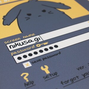 May include: An illustrated login screen featuring a cartoon bunny. The screen shows fields for a screen name and password, with the text "nikusagi" and a series of black dots. The background is a combination of grey and yellow.