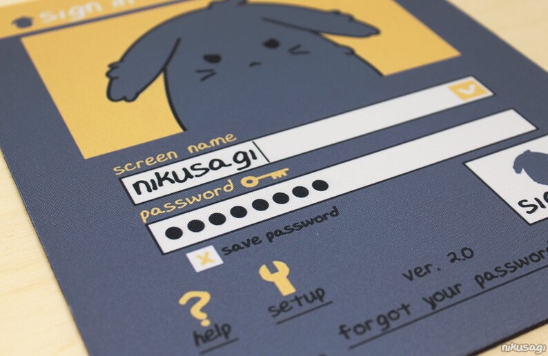 May include: An illustrated login screen featuring a cartoon bunny. The screen shows fields for a screen name and password, with the text "nikusagi" and a series of black dots. The background is a combination of grey and yellow.