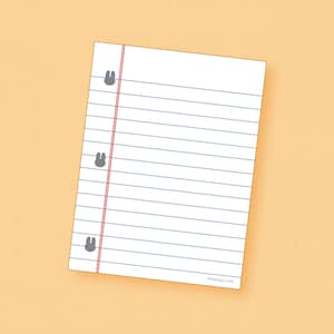 May include: A white sheet of lined paper with a red line down the left side. There are three grey bunny footprints along the red line.