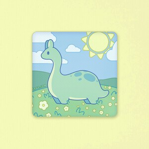 May include: A blue and green cartoon dinosaur with a long neck walks through a field of white flowers with a yellow sun in the sky.