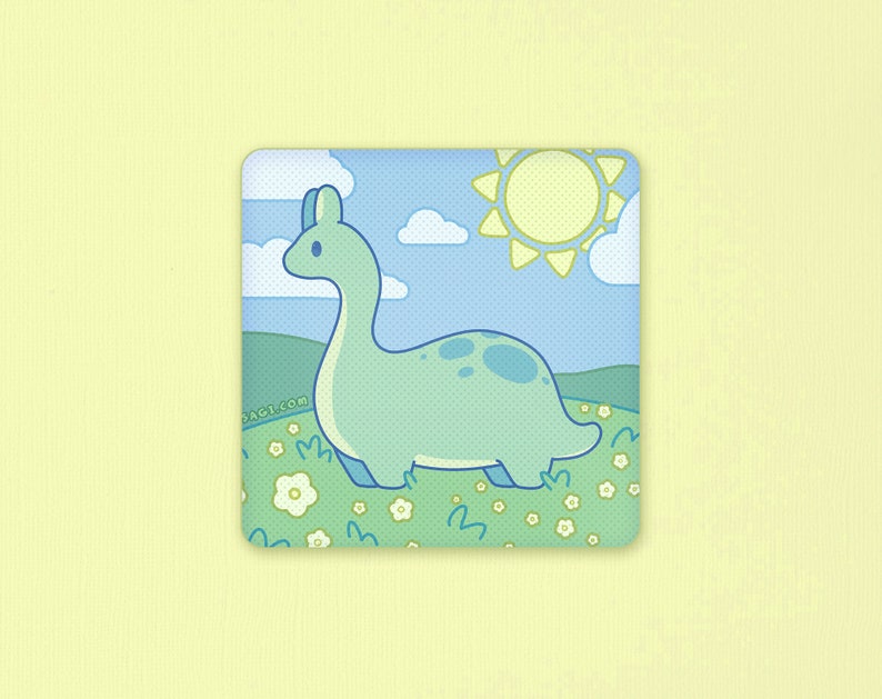 May include: A blue and green cartoon dinosaur with a long neck walks through a field of white flowers with a yellow sun in the sky.