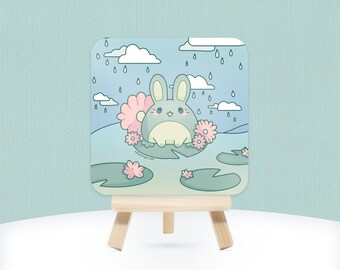 Rainy Day Cardstock Print | 5x5 | Rabbit illustration, Unique animal drawing, Mini square image, Quirky animal, Trendy dorm room decor, Boho
