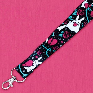 Buns 'n' Roses Lanyard | 36” | Creepy cute key holder, Emo ID badge holder, Goth accessories, Back to school supplies, Valentine's Day gift