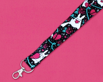 Buns 'n' Roses Lanyard | 36” | Creepy cute key holder, Emo ID badge holder, Goth accessories, Back to school supplies, Valentine's Day gift