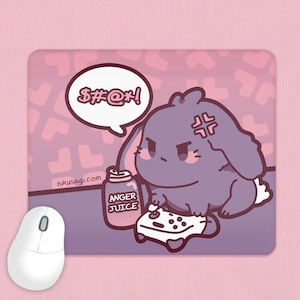 May include: Purple bunny rabbit with an angry expression holding a video game controller. The bunny is sitting on a purple and pink background with a speech bubble that says "$#@!". A can of "Anger Juice" is next to the bunny.