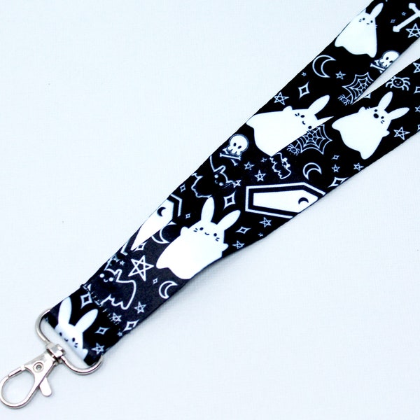 Ghost Bunny Breakaway Lanyard | 36” | Creepy cute key holder, Emo ID badge holder, Goth accessories, Witchy art, Back to school supplies