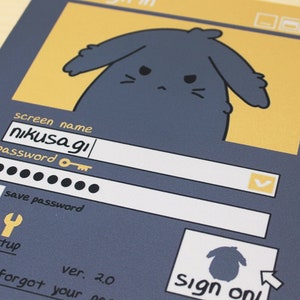 May include: A grey mousepad with a cartoon login screen design. The screen shows fields for a screen name and password, with "nikusagi" pre-filled. A cartoon bunny is at the top. The words "Sign on" are also visible.