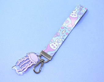 Mermaid Bunny Lanyard + Jellyfish Keychain | Dye sublimated fabric wristlet with lobster clasp, Underwater ocean creatures, Sweet 16 present