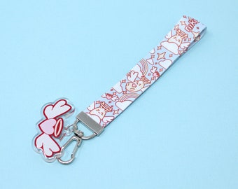 Angel Wings Lanyard + Halo Heart Keychain | Short fabric wristlet with lobster clasp, Car keys holder, Sweet 16 present, Angelic bunny art
