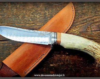 Premium jachtmes – M398-staal, hardheid 63 HRC, handvat van elandhoorn, handgemaakt vast mes met leren schede