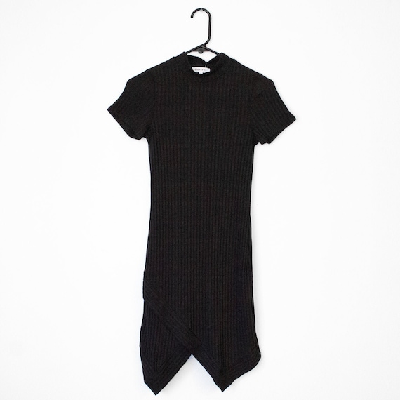 Black Ribbed Asymmetrical Mini Dress - image 1