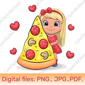 ピザを持つ女の子のクリップアート PNG、ピザのスライスのクリップアート JPG、食べ物と小さな女性のイラスト、かわいい漫画の女の子とピザ