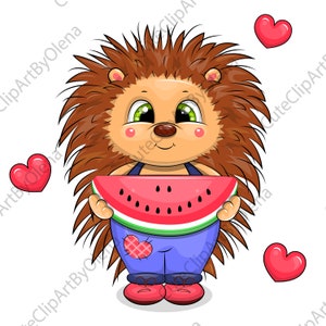 Clipart hérisson. Illustration estivale d'animal et de pastèque. Dessin numérique PNG. Image de dessin animé mignon de hérisson et de pastèque.