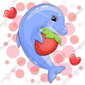 Illustraties dolfijn, schattige cartoon clipart dolfijn en aardbei, dierenillustratie, png PNGEgg, zomerafbeelding