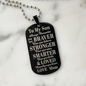 Engraved Son Necklace: Black Stainless Steel Dog Tag, Gift from Mom