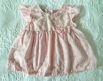 Vintage Little Lindsey Floral Embroidered Eyelet Dress Baby Girl Pink 18 Months, Smocked Baby Big Sister Gown, Retro Pink Clothing