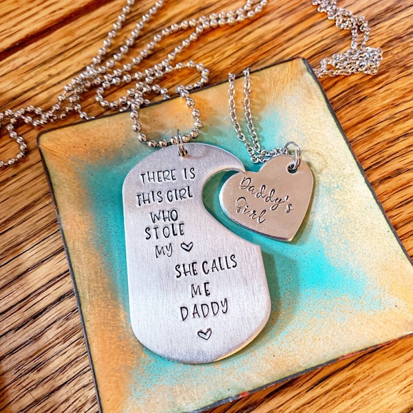 Handstamped There is This Girl Who Stole My Heart, She Calls Me Daddy, Daddy Daughter Necklace Set, Dad Gift, Father's Day, Father Birthday