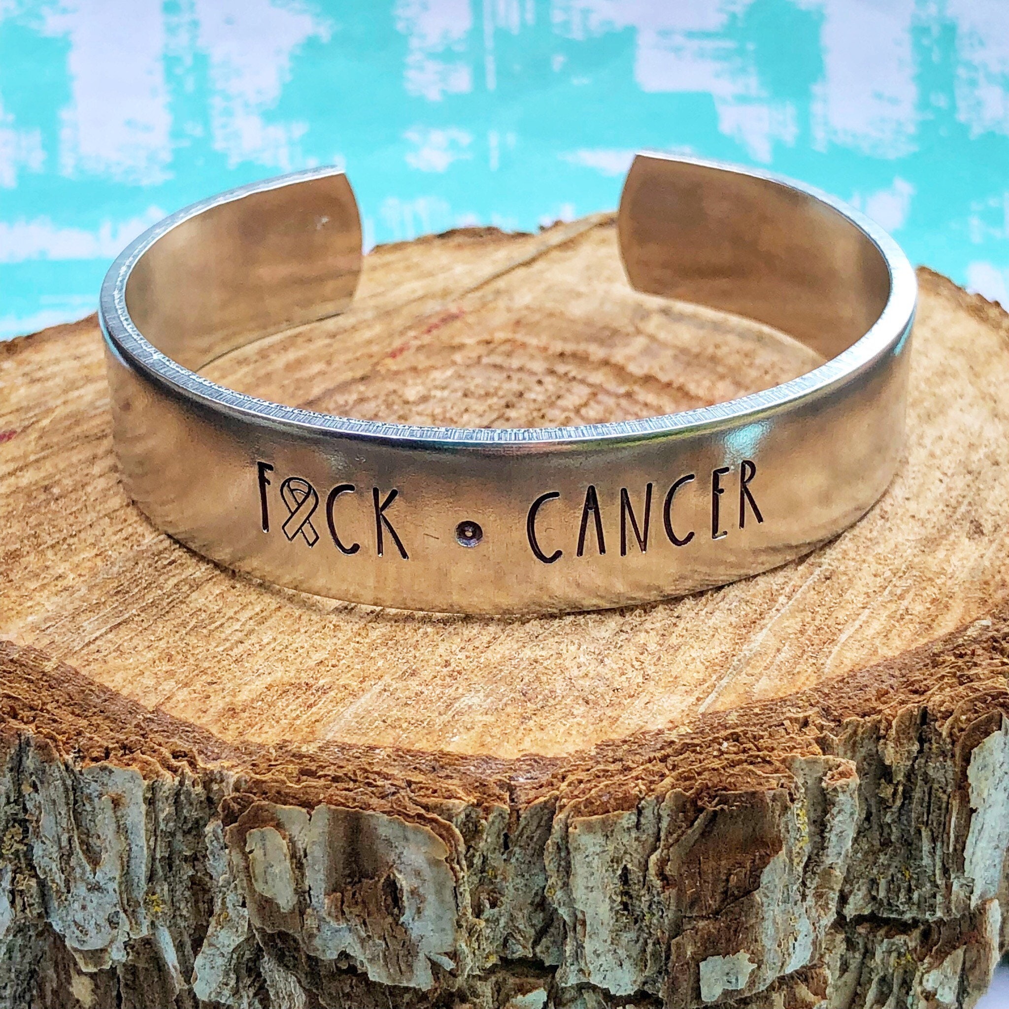 Handstamped Aluminum Cuff Bracelet: F*ck Cancer Awareness Jewelry
