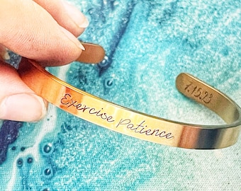 Hand Stamped Cuff Bracelet: Exercise Patience, Sterling Silver