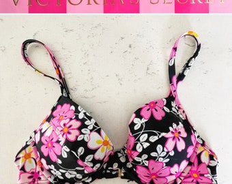 VICTORIA’S SECRET Vintage Floral Underwire Swimsuit Bikini Top, 34A, Pink Black Orange Flowers Retro Swimming Bra