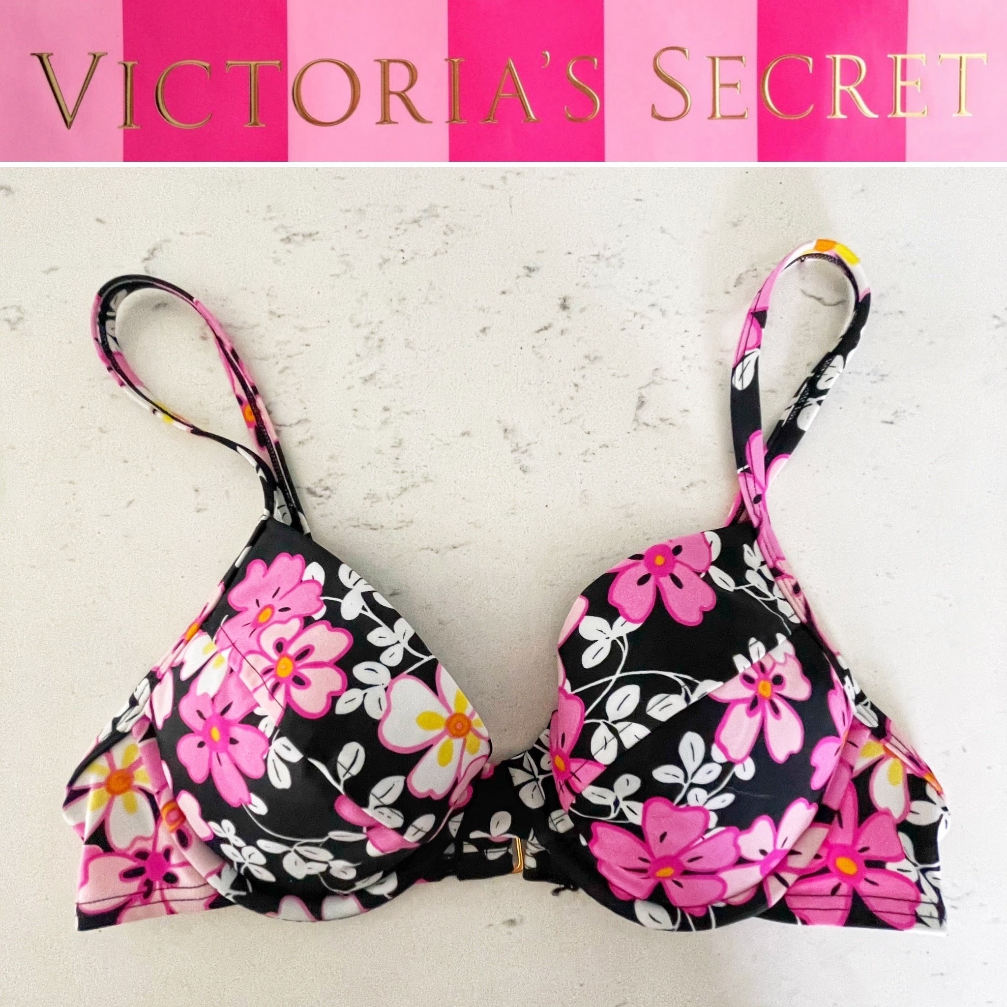 Victorias Secret pink bra with pink ruffle black polka dots- size 38D