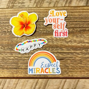 Muitos adesivos de corte de tinta feliz, balão de hidroadesivo, garrafa de água, adesivos de flores, espere milagres, arco-íris, ame-se primeiro