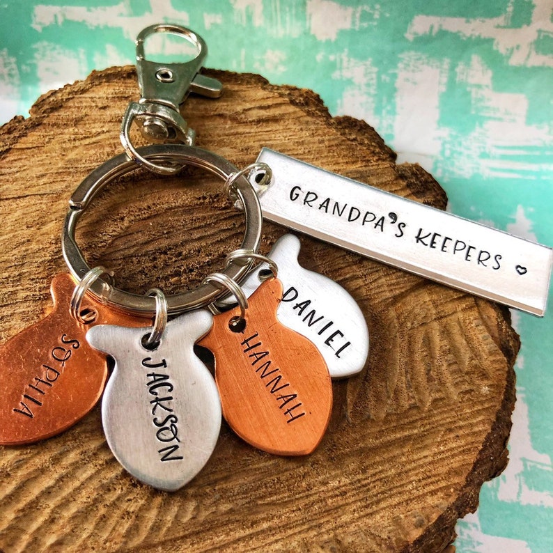 Handstamped Grandpa's Keepers Fishing Keychain, Kids Name Keychain, Daddy's Best Catch, Gift for Grandpa, Gift for Dad from Kids, Best Catch image 2