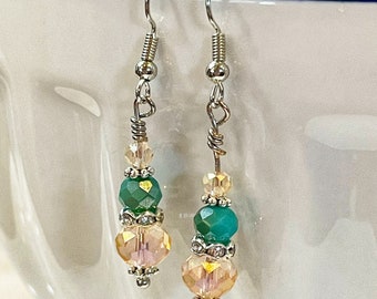 Teal and Champagne Glass Earrings, Silver Plated Dangle Jewelry