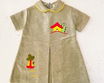 Vintage Renko Made in Italy Collared Baby Dress Embroidered House Fisherman Fishing Smocked Dresses, Cottagecore Babies