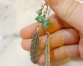 Silver Feather Turquoise Chip Earrings: Boho Gemstone Jewelry