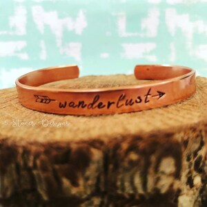 Wanderlust Bracelet, Wanderlust, Handstamped Jewelry, Handstamped Bracelet, Boho, Boho Bracelet, Wild and Free, Arrow Bracelet, Copper