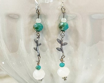 Silver Plated Teal & White Faceted Glass Vine Earrings
