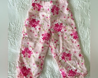 Vintage Gymboree Pink and Green Floral Linen Pants with Ruffle Size Large 5 years