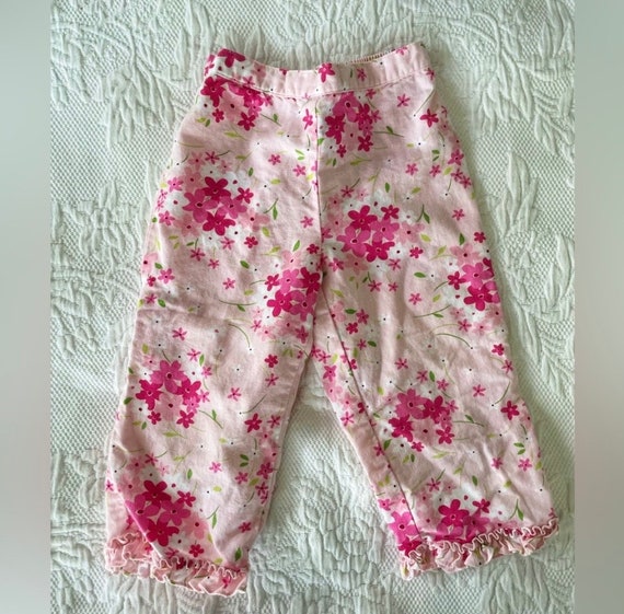 Vintage Gymboree Pink and Green Floral Linen Pants With Ruffle